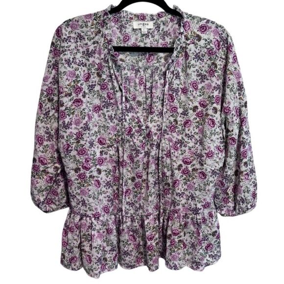 Umgee- Pink Purple Rose Ditsy Floral VNeck 3/4 Sleeve Peplum Babydoll Top, Large - Picture 1 of 9